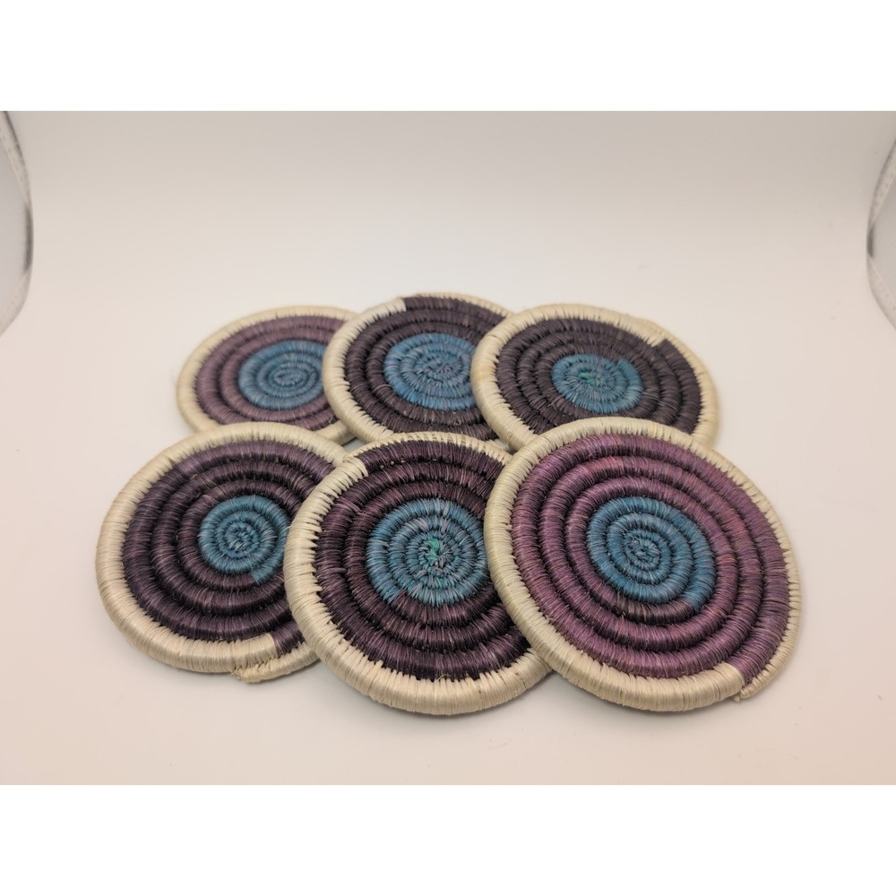 Hand Woven Concentric Coasters Set Of Six Purple Blue White